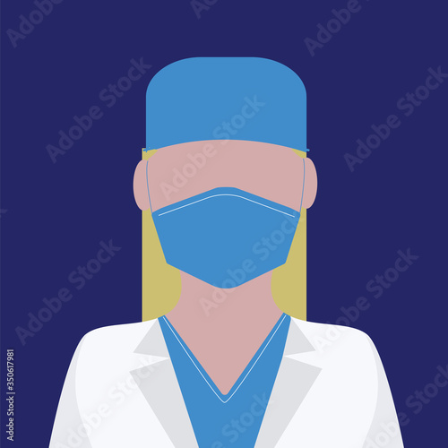 Female doctor in a medical gown, mask, cap on a blue background. Vector illustration of a woman's doctor saving from a coronavirus. © Nadezhda