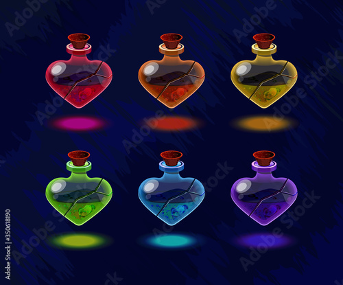 A set of isolated vector icons.  Magic alchemical bottles in the shape of a broken heart. The elixir of love, colorful cute glass bottles with cracks. Illustrations for the fantasy game.