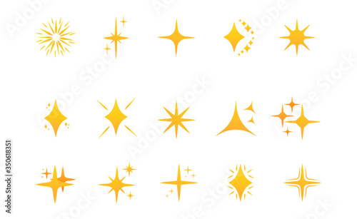 Set of golden yellows sparkles. Glowing light effect of stars. Bright elements for decor. Shine of stars of different shapes. On a white background. Isolated. Icons Flat Vector Illustration