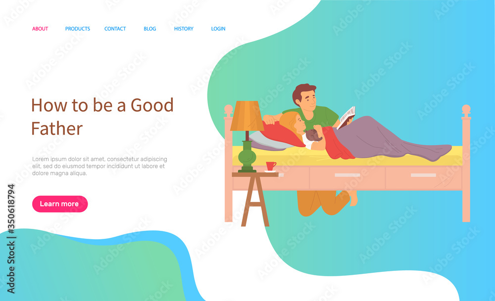 Fototapeta premium Dad sitting near child, father and daughter reading book, kid lying in bed with toy, wooden furniture, lamp and table, parenthood and bedtime vector, concept for Father day