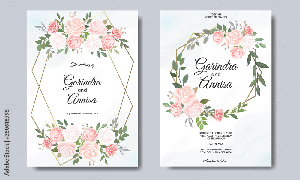 Elegant wedding invitation card template with beautiful floral leaves Premium Vector