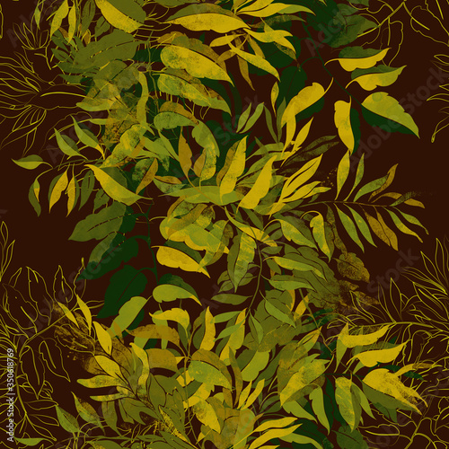imprints leaves mix repeat seamless pattern. digital hand drawn picture with watercolour texture. mixed media artwork. endless motif for textile decor and botanical design