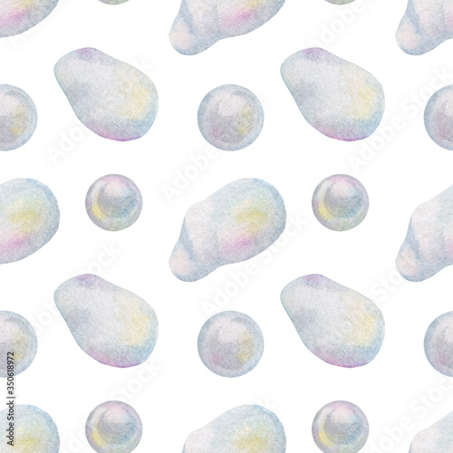 Watercolor hand drawn seamless pattern with white baroque pearls isolated on white background