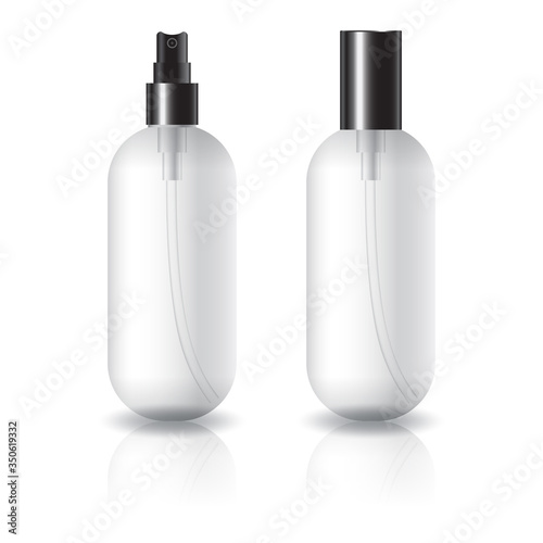 Blank clear oval round cosmetic bottle with black spray head and plain lid for beauty or healthy product.