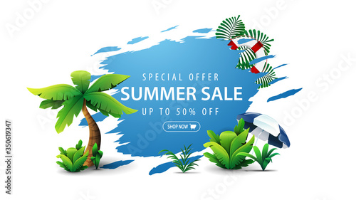 Special offer, summer sale, up to 50% off, white and blue discount web banner with abstract shape with ragged edges and tropical elements. Summer discount web banner isolated on white background