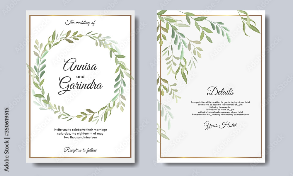 Elegant wedding invitation card template with beautiful floral leaves Premium Vector