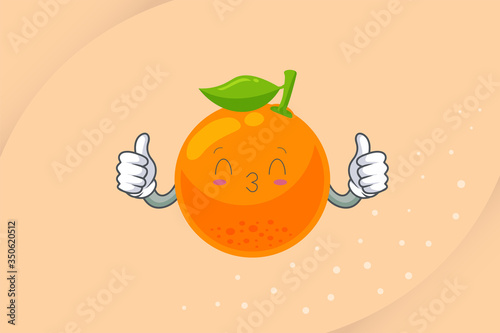 KISS, FLIRTY, SMILING EYE Face. Ok, Excellent, Double Thumb Up Gesture. Orange Citrus Fruit Cartoon Mascot Illustration.