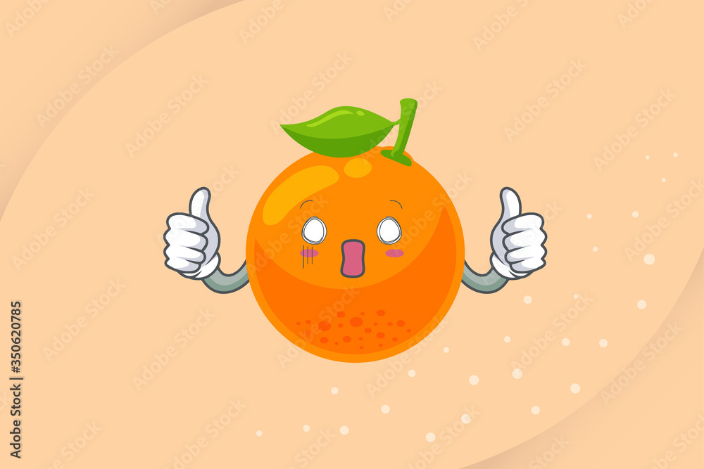 SPACED OUT, SURPRISED, SHOCKED Face. Ok, Excellent, Double Thumb Up Gesture. Orange Citrus Fruit Cartoon Mascot Illustration.