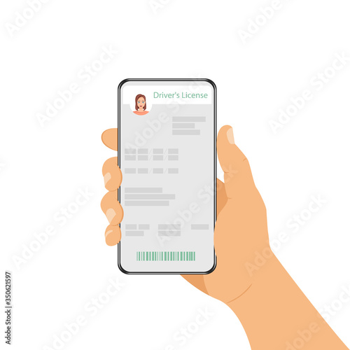 A man is holding a phone with his ID card. Driving license in a smartphone, online driver license. Mobile application with documents of a person. Vector illustration.