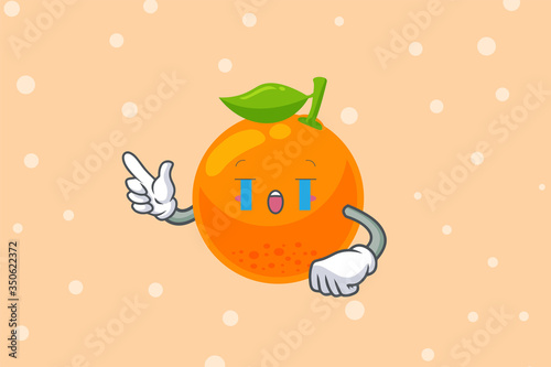 CRYING, SAD, SOB, CRY, Face. Forefinger, pointed at Gesture. Orange Citrus Fruit Cartoon Mascot Illustration.