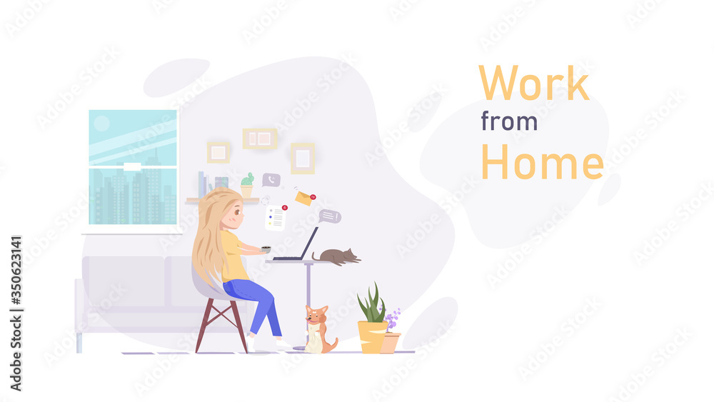 Work at home vector, worker woman with pets in quarantine, people activity, home decor cartoon character flat design, home interior design illustration