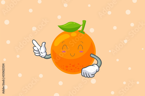 SMILING, HAPPY, RELIEVED Face. Forefinger, pointed at Gesture. Orange Citrus Fruit Cartoon Mascot Illustration.