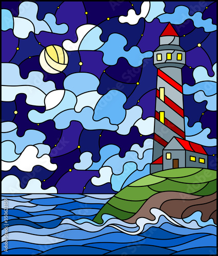 Illustration in stained glass style with seascape, lighthouse  on a background of sea and night sky with a moon