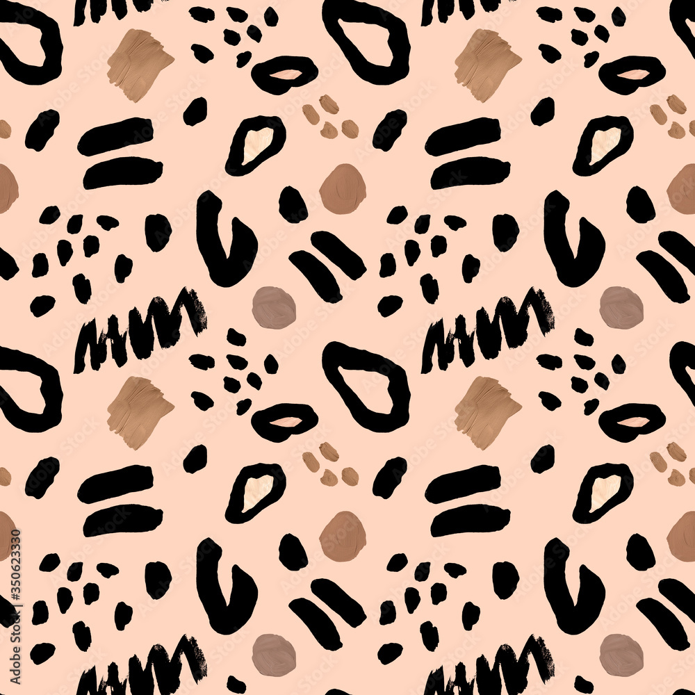 Abstract seamless pattern with gouache brown, beige and black spots on peach pink background. Artistic collage style modern print. Hand painted texture made in neutral color palette.
