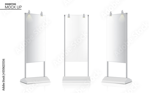 Mock up Realistic Stand Roll up Banner Kiosk Display 3D POP Booth with spotlight for Advertising Sale Marketing Promotion  Background Illustration. Event Exhibition Concept Design.