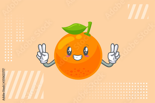 SMILING, HAPPY, GRIN SMILE Face. Double Peace Finger Gesture. Orange Citrus Fruit Cartoon Mascot Illustration.