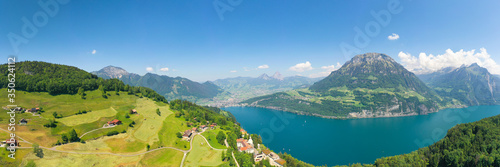 Panorama of Swiss Alps. Aerial view. Stoos 1305 m. Fronalpstock 1922 m. Lake Lucerne.
