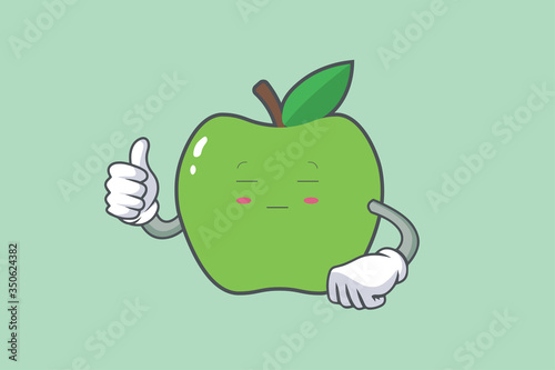 ZONK, MEDITATIVE, UNAMUSED Face Emotion. Thumb Up Gesture.Green Apple Mascot Illustration.