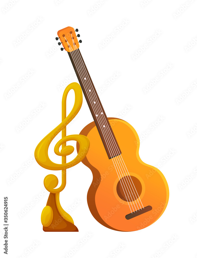 Obraz premium Acoustic string guitar musical instrument vector, gold award in shape of note on pedestal. Isolated trophy for winner of contest, prizes for musician