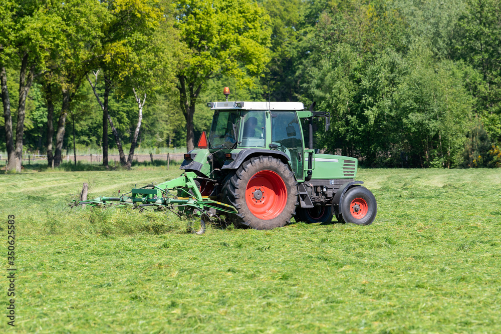 Green tractor mowing tall green grass in early spring in the Netherlands. Green tractor mowing tall green grass in early spring in the Netherlands.