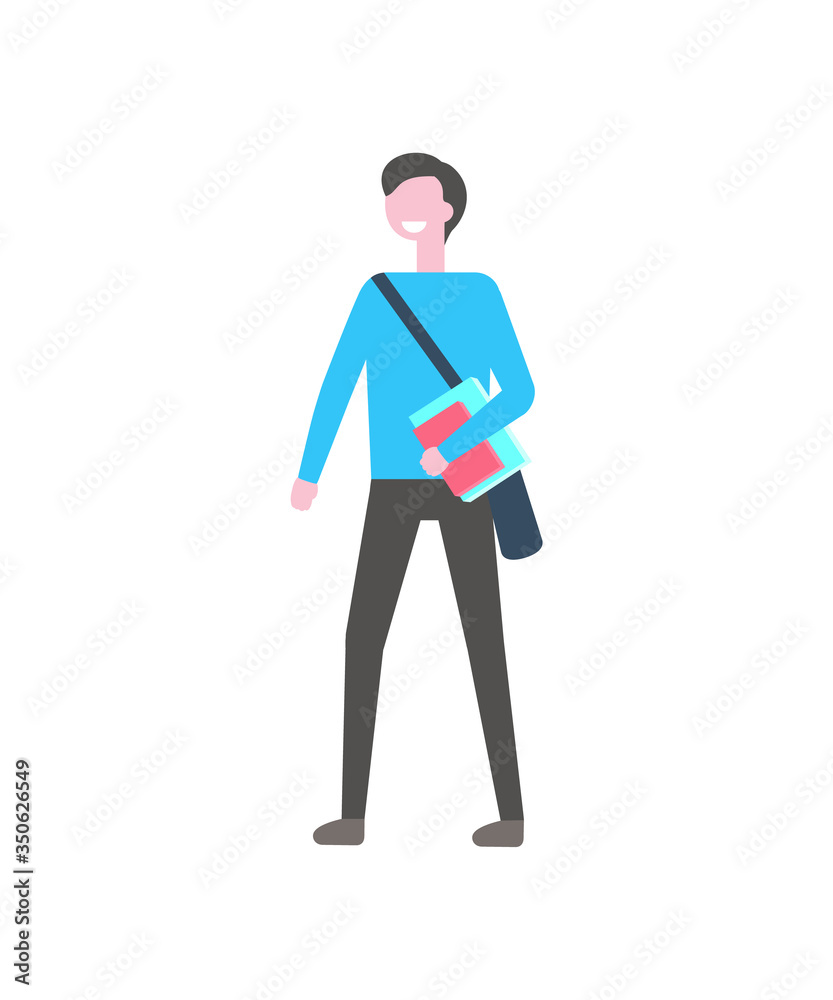 Student man with textbook and bag over shoulder vector isolated cartoon character. Smiling college or campus boy in blue jacket and black trousers, campus pupil