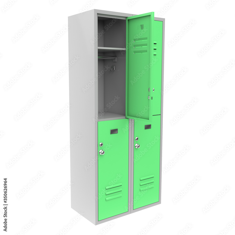 Green metal locker with open door. Two level compartment. 3d rendering illustration isolated on white background Green metal locker with open door. Two level compartment. 3d rendering illustration isolated on white background