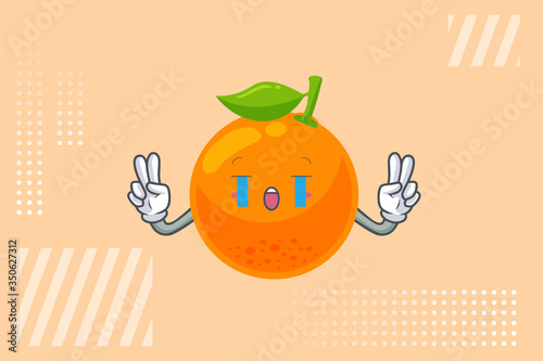 CRYING, SAD, SOB, CRY, Face. Double Peace Finger Gesture. Orange Citrus Fruit Cartoon Mascot Illustration.