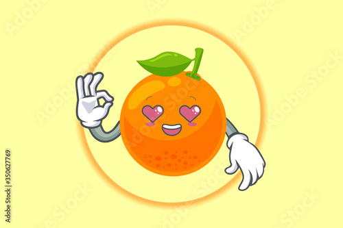 LOVELY, HAPPY,  LOVING IN LOVE,  HEART EYE, Face. OK, Nice, Agreement Gesture. Mascot Vector Illustration. Orange Citrus Fruit Cartoon.