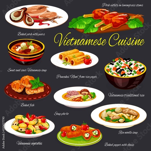 Vietnamese cuisine dishes vector set. Pork with pears, cutlets on lemongrass stem, Vietnamese rice and pancakes, sweet and sour, beef, rice noodle or Pho Bo soups, baked fish and pepper with cheese