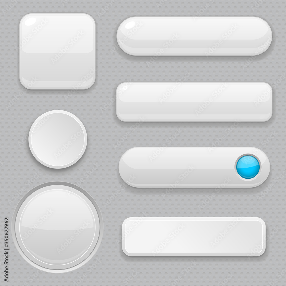 White web buttons with blue design elements. Push buttons of various shapes