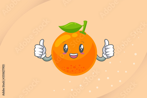 SMILING, HAPPY Face. Ok, Excellent, Double Thumb Up Gesture. Orange Citrus Fruit Cartoon Mascot Illustration.