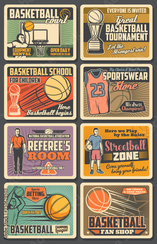 Basketball players vector retro posters. Sport game championship, match with balls, winner trophy cups, hoop and team players on arena stadium. Referee room, basketball competition vintage cards set