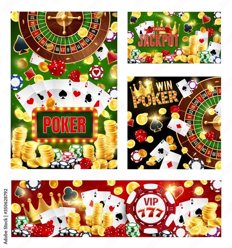 Naklejka premium Casino poker cards, wheel of fortune roulette, dices and gaming chips. Vector casino gambling game cards with gold coins, big win cash splash, victory golden crown and poker joker cards