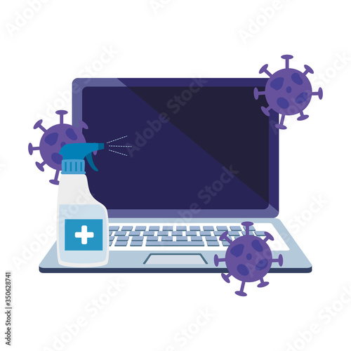 laptop with particles covid 19 and bottle sanitizer vector illustration design