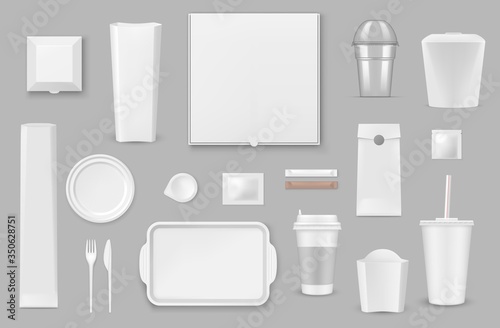 Plastic, paper disposable tableware realistic vector mockups set. Pizza, french fries and popcorn box, container for hot food, drink paper cup with lid and straw, tray and fork, plate and sauce, sugar