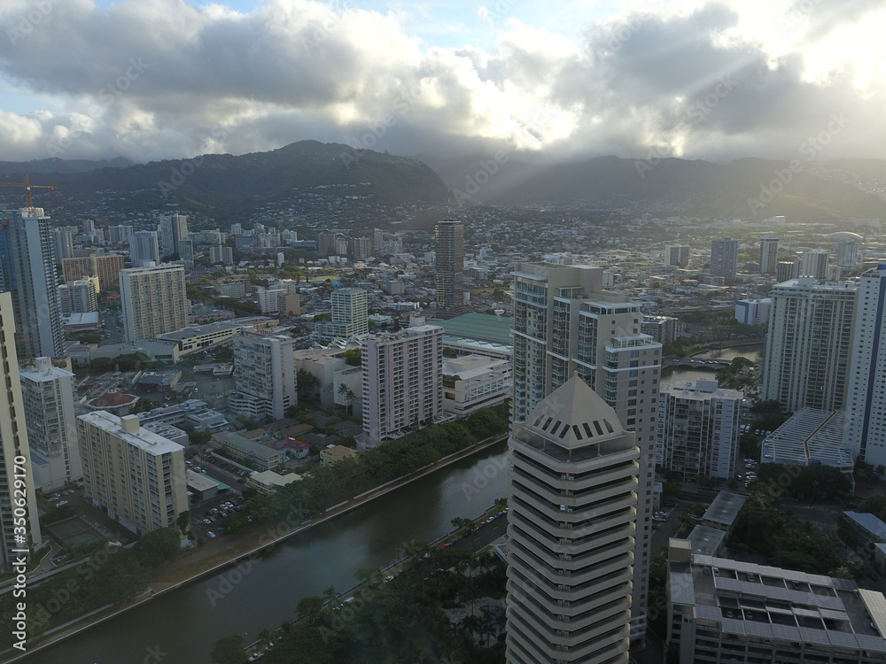 Aerial view of downtown buildings in Honolulu Hawaii