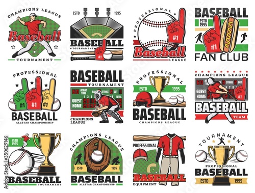 Baseball sport game vector icons with balls, bats and winner trophy cup. Stadium play field, pitcher player helmet and scoreboard, catcher glove, sporting items and fun hand. Baseball club emblems