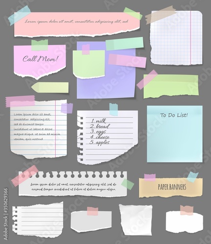 Torn paper pieces, notebook sheets and scrapbooking vector elements. Colorful paper sticker on board, note and notepad sheet, reminder, shopping and To Do list attached with adhesive tape