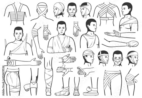 Trauma bandaging, wound first aid, vector characters. Accident injury emergency ward and trauma ambulance service. Traumatology first medical aid, arm and leg head and wrist fracture bandage