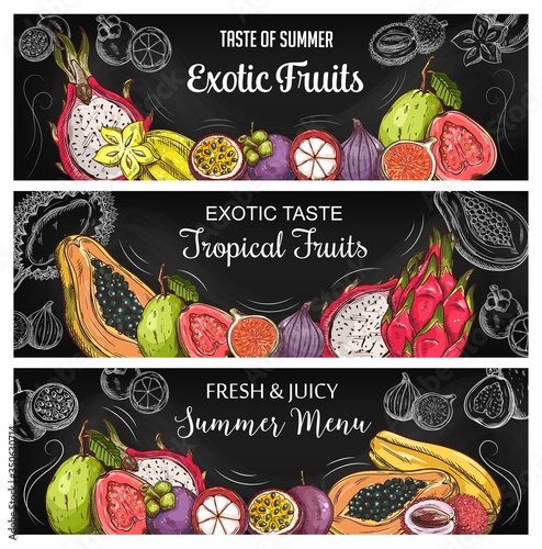 Tropical fruits sketch vector banners. Hand drawn exotic fruits horizontal chalk blackboard pitahaya dragon fruit and carambola, mangosteen and fig, guava and papaya, maracuya, lychee with silhouette