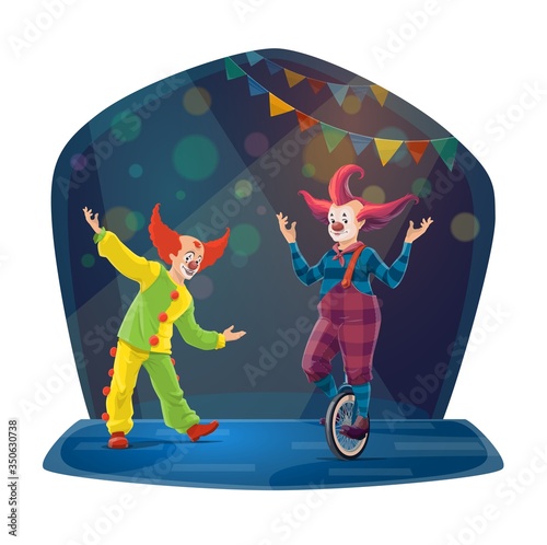 Circus clown cartoon characters on chapiteau big top arena. Vector carnival joker and jester performing comedy show with costumes, fake noses, red wigs and unicycle, amusement park and funfair design