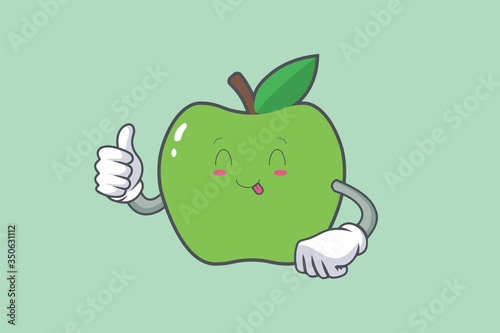 YUM, TONGUE, cheerful, Face Emotion. Thumb Up Gesture.Green Apple Mascot Illustration.