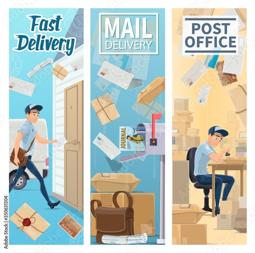 Post office and postman, mail delivery service vector banners. Courier stamping envelopes in post office, bring letters and parcels to recipients door and mail box. Newspapers, postage delivering