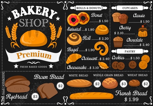 Baker shop and patisserie vector menu template. Bread and pastry assortment on black board with flour. Pie and swissroll, bagel and buns, donut, croissant and baguette, ryebread, donut and cookes