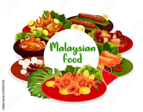 Malaysian cuisine food menu vector round banner. Fried shrimps, pies baked with meat and grilled chicken legs, banana dessert, stuffed crab claws and hot Devils meat with cucumber, pineapple salad