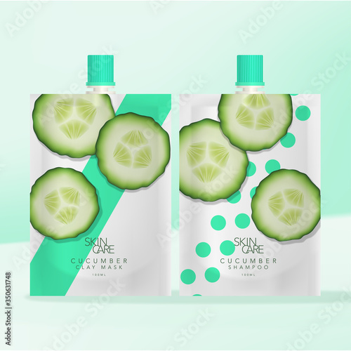 Vector Beverage, Skincare Clay Mask or Body Care Shampoo or Body Wash Screw Cap Packet Flexible Packaging.  Cucumber Pattern Printed.