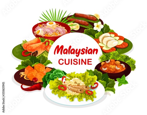Malaysian cuisine round vector banner. Baked meat pies and banana dessert, devils hot meat, pumpkin pieces in coconut milk, chicken noodle soup and bean sprouts with anchovies. Malaysian cuisine menu