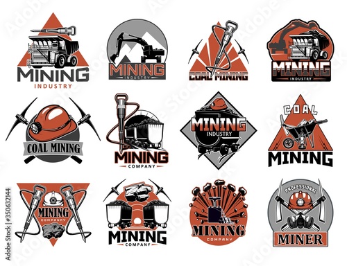 Coal mining industry isolated vector icons set. Miners equipment for coal extraction, work tools, machinery and instruments. Wheelbarrow and crossed picks, carriage trolley with coal, mining dynamite