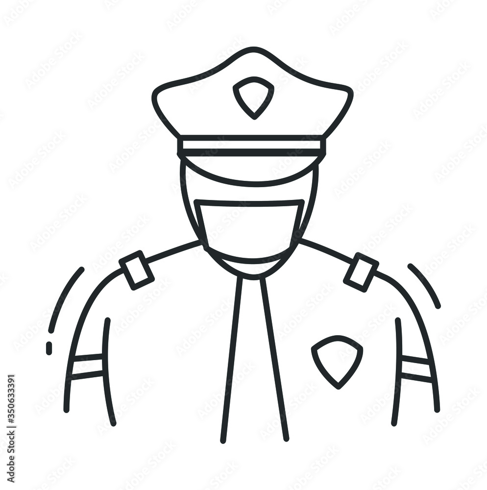 Policeman line icon. Police officer uses a medical mask to protect himself from flu, coronavirus and air pollution. Isolated vector healthcare illustration.
Policeman line icon. Police officer uses a medical mask to protect himself from flu, coronavirus and air pollution. Isolated vector healthcare illustration.