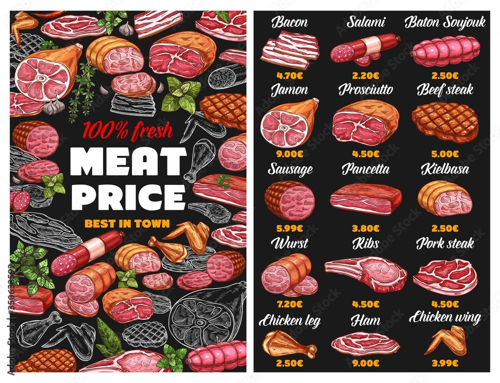 Butcher shop meat menu vector template. Bacon, salami and baton soujouk, jamon, prosciutto or beef steak. Sausage, pancetta and kielbasa, wurst, ribs or ham. Chicken and pork meat sketch